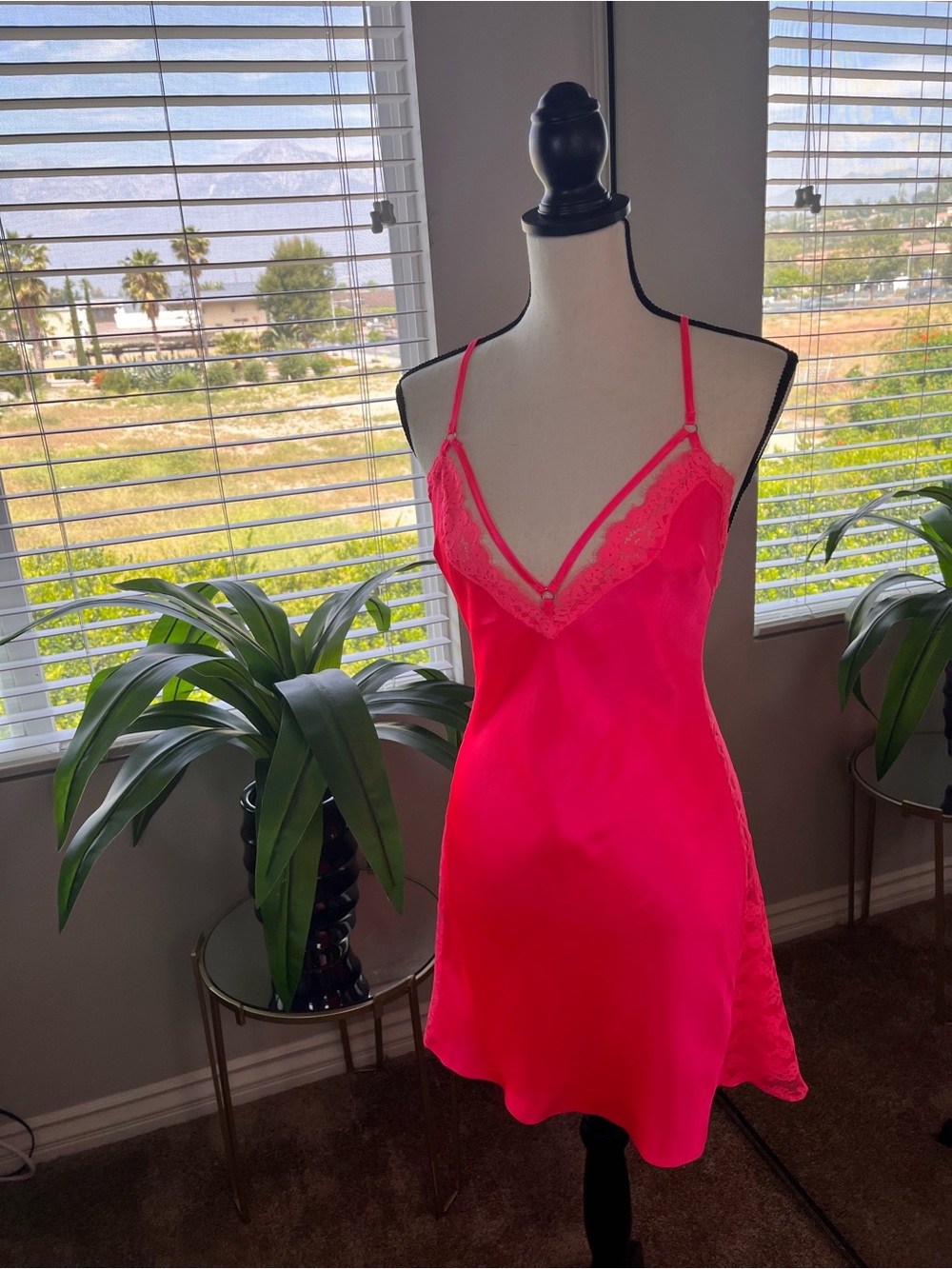 NWOT Victoria's Secret Hot Pink Satin Lace Trim Chemise Slip Size Medium